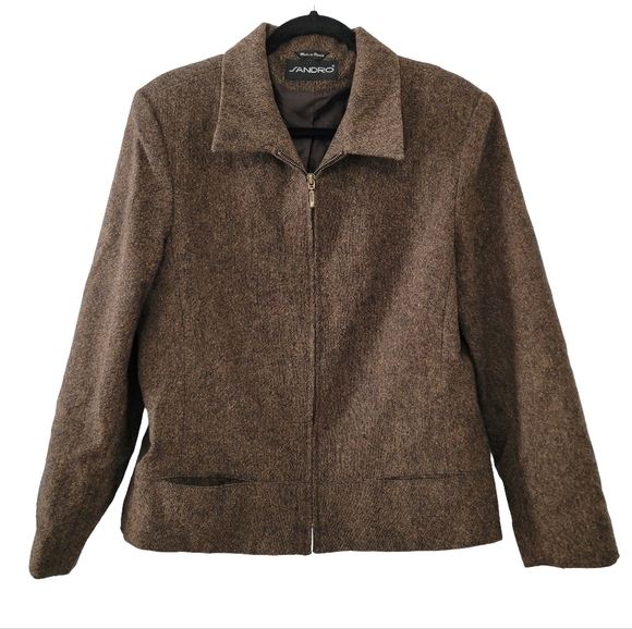 Sandro Jackets & Blazers - Sandro Women's Brown Tweed Wool Blazer Jacket Size 16 Minimal Classic Vintage